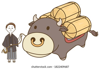 A man in a kimono and a cow with a bale of rice.kimono is a traditional Japanese costume.