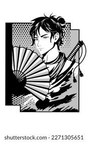 Уoung man in a kimono holds a fan in the style of manga and anime. Vector image. The vector image is separated from the background.