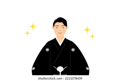 A man in kimono, wearing a crested hakama, Pose with hands on hips (with glitter)
