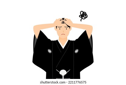 A man in kimono, wearing a crested hakama, Worry with your head