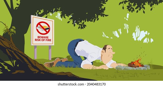 Man kindles fire in forest. Illustration concept for mobile website and internet development.