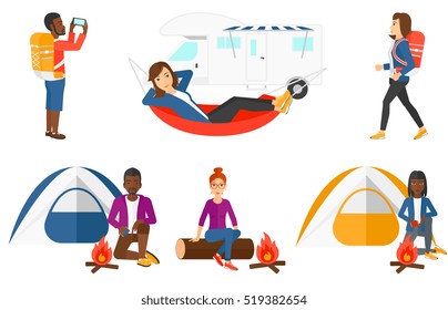 Man kindling a campfire on the background of camping tent. Tourist relaxing near campfire. Man with matches sitting near campfire. Set of vector flat design illustrations isolated on white background.