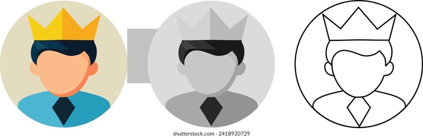 A man as a king, or an achievement icon. 3 different vectored icon versions. Color, black and white and line art.