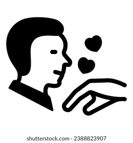 Hombre besar la mano con el icono sólido del corazón, el concepto de citas y relaciones, el signo del vector del gesto de amor sobre el fondo blanco, el icono de estilo glifo para el concepto móvil y el diseño web. Gráficos vectoriales