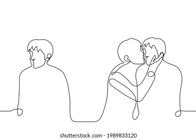 man kisses another on the cheek; the third sits far away, turning away from them - one line drawing. concept of jealousy, envy, loneliness, outsider,