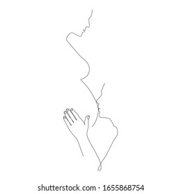 A man kisses the belly of a pregnant woman one line drawing on white isolated background. Vector illustration 