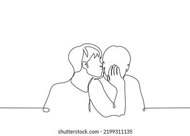 man kisses into the cheek of another man's ear - one line drawing vector. concept a homosexual man in love flirts or seduces a lover, a man makes fun of a friend