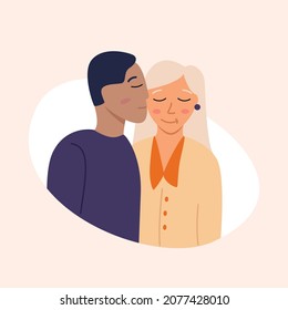 A man kisses a woman on the cheek. Vector illustration of cartoon character flat. Family and love relationships