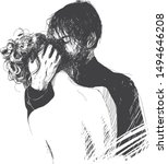 A man kisses a woman on the head. Farewell, or maybe a meeting of two lovers. Sketch