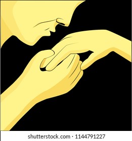 Man kisses woman's hand showing love, respect or following etiquette rules. Man is courting a woman. Flat image, vector illustration, black background