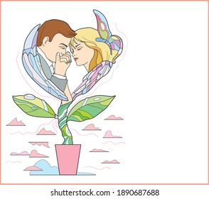 Man kisses woman's hand showing love, respect or following. Heart shape  in flower pot. Vector illustration isolated on white background.greeting card