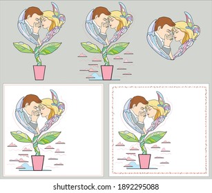 Man kisses woman's hand showing love, respect or following. Heart shape in flower pot. Vector illustration isolated on white background. Design elements. Valentines.set