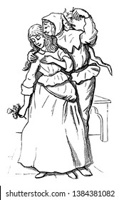 A man is kissing her under the Mistletoe. Both are dressed in medieval attire, vintage line drawing or engraving illustration.