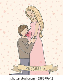 Man kissing pregnant belly of his wife. Cute vector illustration