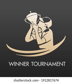 Man kissing trophy, tournament winner player logo illustration.