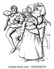 A man kissing woman and another man watching them, vintage line drawing or engraving illustration