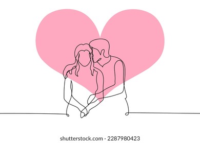 man kissing a woman on the head while sitting next to her and hugging her on the background of a big red pink heart - one line drawing vector. date concept, valentine's day