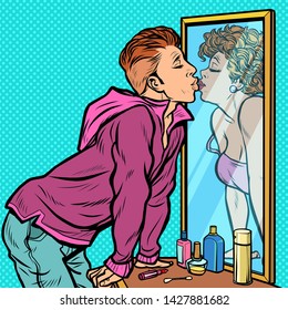 A Man Kissing A Woman Reflected In The Mirror, Dream. Pop Art Retro Vector Illustrator Vintage Kitsch Drawing