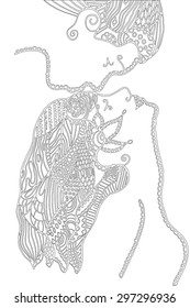 Man kissing woman's forehead, zentangle style, flower, leafs, vector illustration, artistically drawn, freehand pencil