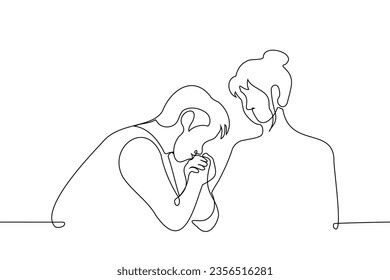 man kissing woman's hand - one line art vector. concept flirting, declaration of love, gentleman welcomes lady