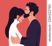 A man kissing a young woman. The happy couple. View in profile. Vector illustration in flat style