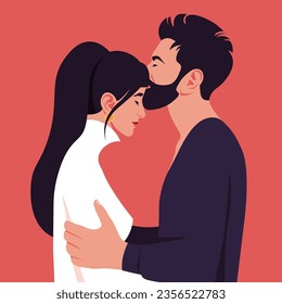 A man kissing a young woman. The happy couple. View in profile. Vector illustration in flat style