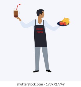A man in a kitchen apron, a plate of fried potatoes, tomatoes, a glass of smoothie - isolated on white background - vector. Homework. Lifestyle. Online training. Home cook.