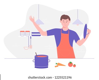 The man in the kitchen. Cook, professional, master of his craft. Brewing soup, delicious dinner. On the background of the kitchen interior: spatula, ladle, plates, lamps. Vector illustration.