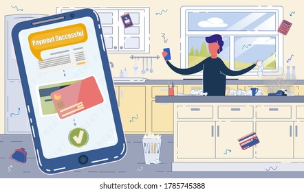 Man in Kitchen Count Paper Bill and Pay from Smartphone. Online Banking Application for Electronic Payment. Mobile Phone App Screen with Credit Card. Home Accounting Vector Illustration