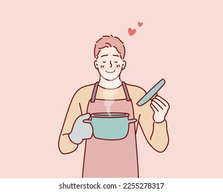 man in kitchen gloves opening pot smelling food. Hand drawn style vector design illustrations.