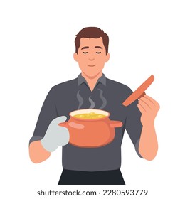 Man in kitchen gloves opening pot smelling food. Holding and smelling hot stove. Flat vector illustration isolated on white background