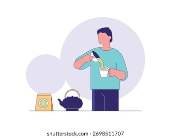 Man in the kitchen making hot green tea, a herbal drink culture. Character design. Vector flat illustration