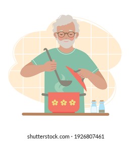 Man in the kitchen. Old man makes soup. Concept for a retired person who is engaged in household chores.