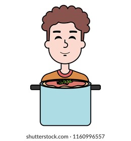 man with kitchen pot cooking soup