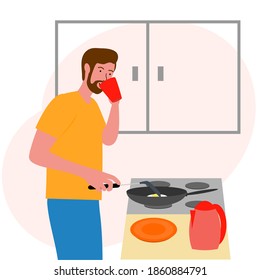 a man in the kitchen prepares scrambled eggs for breakfast and drinks coffee. vector illustration