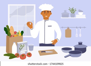 Man in kitchen preparing to cooking homemade meal. Young chef in uniform showing gesture delicious. Vegetable, knife, utensils, pack with food on table. Vector illustration for culinary blog, classes