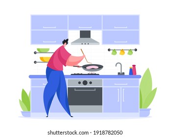 Man in kitchen preparing steak vector illustration cartoon. Male character holds frying pan and flips salmon chop. Stylish blue kitchenette with everything you need for delicious cooking.