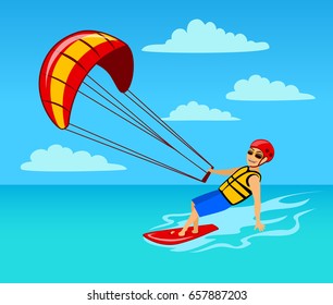 man kitersurfing on water cartoon vector illustration