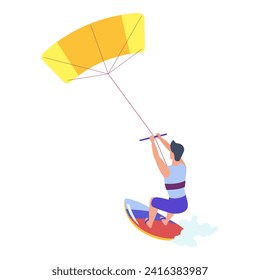 Man kitesurfing, extreme active summer water sport and hobby vector illustration