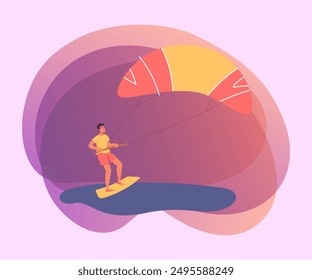 Man kitesurfing at sea flat vector illustration. Male surfer doing physical activity during holiday, having fun. Extreme water sports game, recreation, hobby concept