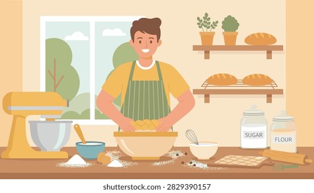 Man kneading bread dough in home kitchen with baking equipment flour sugar and mixer machine.
