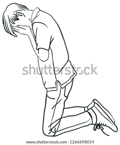 The man kneel down and cry covering his face being frustrated.