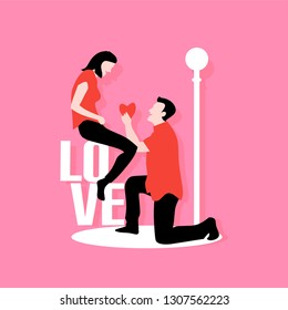 man kneel down giving his heart to his girlfriend on top of love letter under the city street lamp