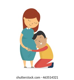 Man kneel down and listening to his pregnant wife belly, expecting new born baby.  