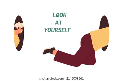 Man kneel look in hole and see himself. Man seek search for reason or ground discovering self. Concept of look at yourself first. Self-worth and assessment. Flat vector illustration
