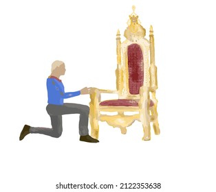 Man Kneeling Before The King's Empty Throne Vector Illustration On White. Male Kneeling Down.