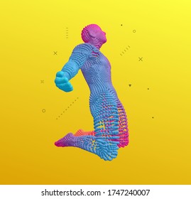 A man kneeling down with arms outstretched. Man who prays. Prayer to god with faith and hope. Concept for religion, worship, love and spirituality. 3d vector illustration. 