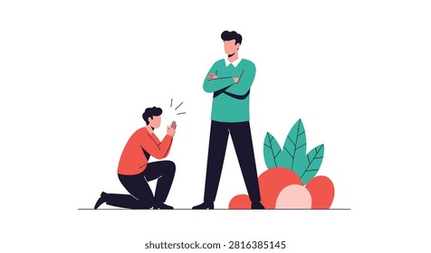 Man kneeling down and begging or apologizing to another standing man with crossed arms who looks strict and unyielding.