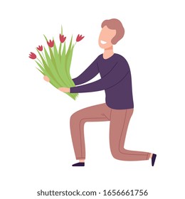 Man Kneeling Down with Bouquet of Flowers, Holiday Congratulations, Romantic Date Vector Illustration