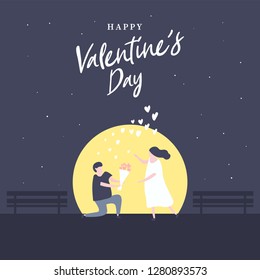Man kneeling down and give flower to pretty woman in the light of the moon at night. Couple in love concept.